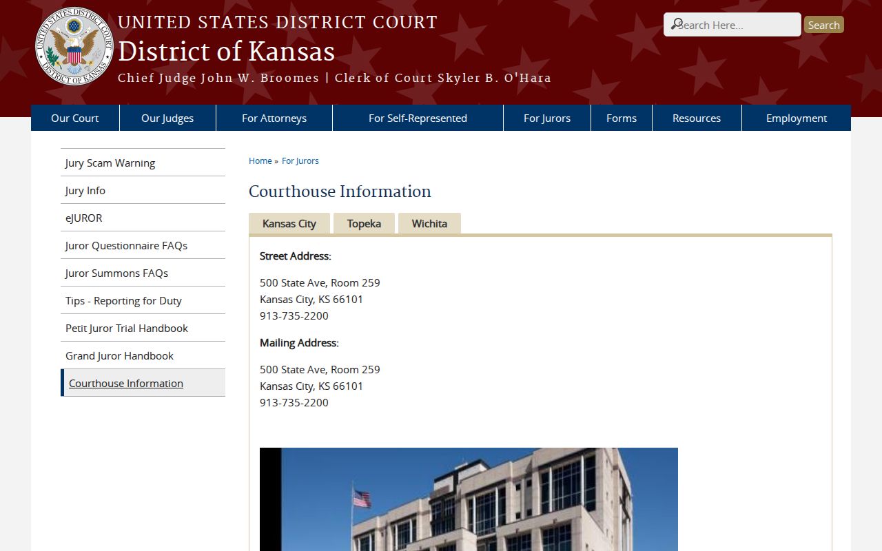 District of Kansas clerk office locations for federal records outside Sherman County