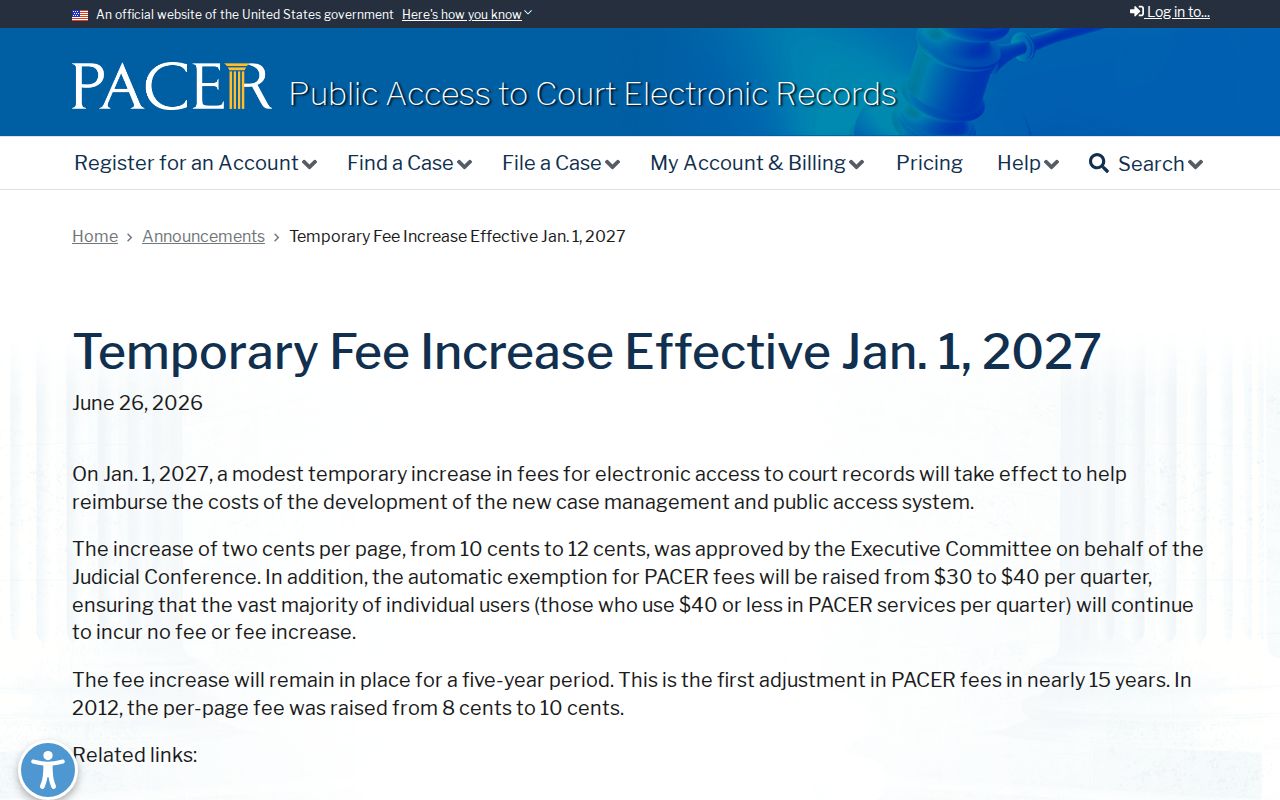Federal PACER 2027 fee notice relevant to federal records outside Sherman County