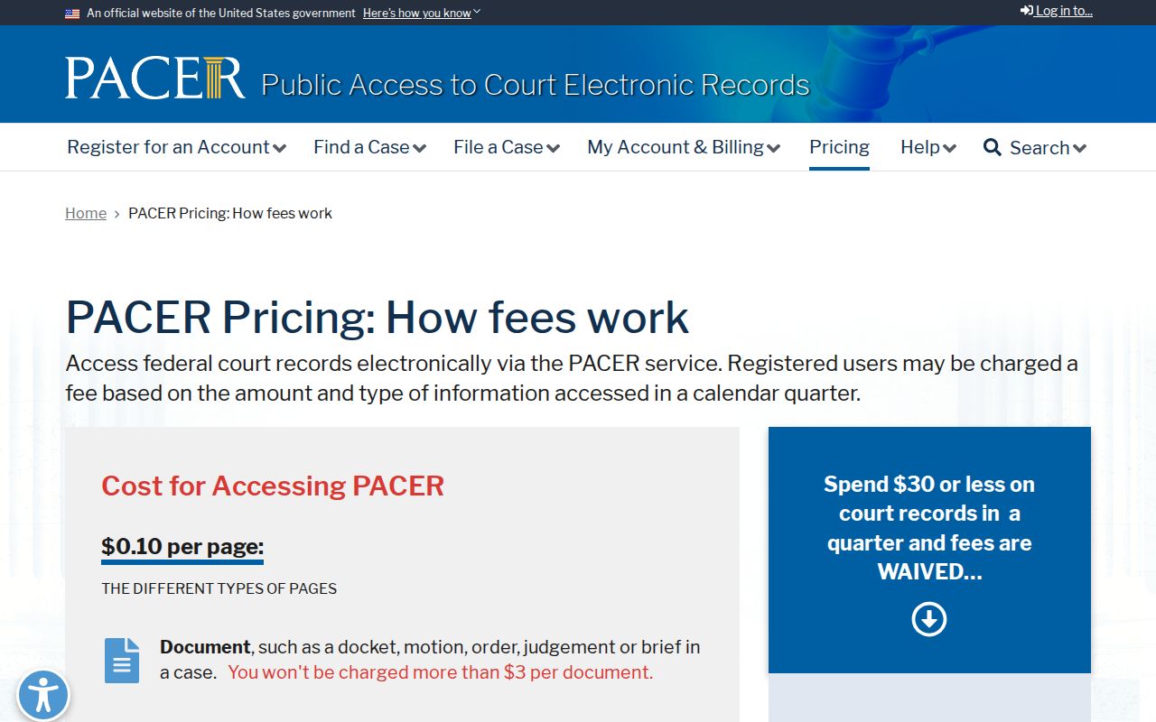 PACER federal pricing details compared with Sherman County court record fees